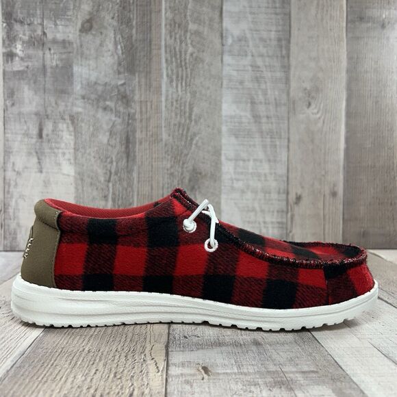 Hey Dude Wally Youth Size 2 Buffalo Plaid Slip On Loafer Sneaker Shoes Red Black - Picture 5 of 11